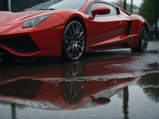 Red sports car and its reflection on a wet city street.