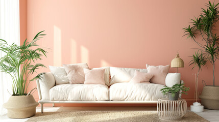 Modern Peach-Toned Living Room with Plush Seating and Greenery - Suitable for Lifestyle Magazines and Decor Influencers