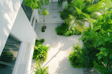 High view of a House design concept, elegant house exterior in white with tropical garden