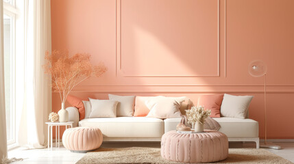 Fototapeta na wymiar Modern Peach Living Room Interior - Ideal for Home Decor Magazines and Lifestyle Branding