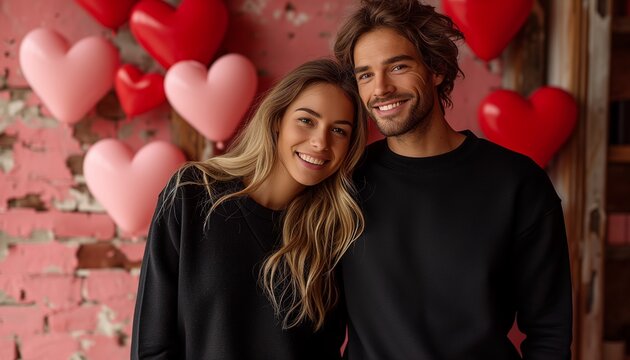 American couple stands amid red heart-shaped balloons, evoking Valentine's Day romance with a subtle shadow effect