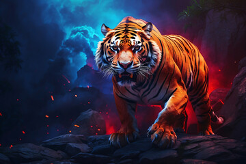 tiger on blue and red background