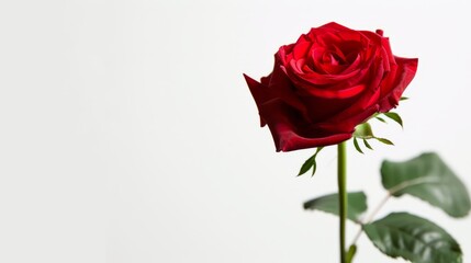 One red rose isolated on a grey background, place for text. 