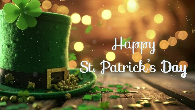 Happy St. Patrick's day background, leaf clover and hat, happy saint patricks day lettering.