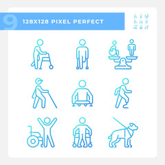 People with amputation gradient linear vector icons set. Prosthetic limb, special needs. Equality and diversity. Thin line contour symbol designs bundle. Isolated outline illustrations collection