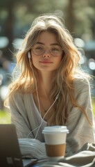 Portrait of a female student in glasses, studying in a spring park with a laptop and headphones, sitting on a blanket next to a coffee cup