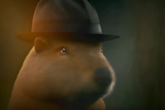 Capybara detective in hat thinking and the camera is zooming in 