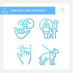 Accessibility for sensory disabilities gradient linear vector icons set. Nonverbal communication. Deafness service. Thin line contour symbol designs bundle. Isolated outline illustrations collection