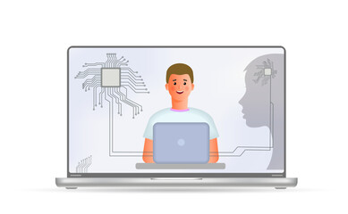 Modern technologies. The chip in a person's head is connected to a computer.
Artificial intelligence, vector image.
