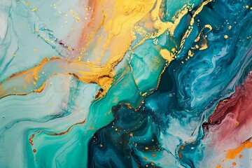 Abstract colorful background with liquid gold stains, painted in vibrant hues.