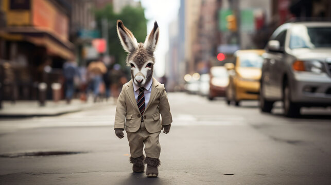 Baby donkey in the street wearing suit