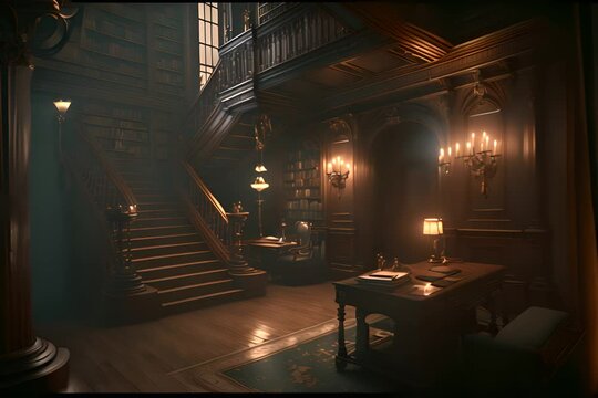 Old money style mansion interior where candles burning and the lights are flickering 