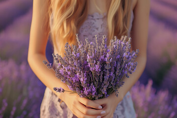 lavender bouquet in the hands of a young woman against the background of a lavender field