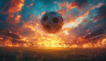 Fiery Football Fury: An Explosive Sunset Match - obrazy, fototapety, plakaty