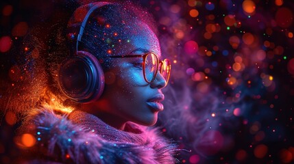 Obraz na płótnie Canvas Beautiful african american woman with headphones listening to music in neon lights. Generative Ai.