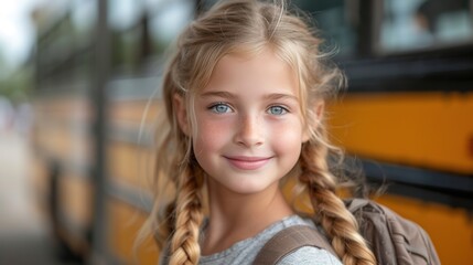 Portrait of a cute little girl with braids in school uniform. Generative Ai. 