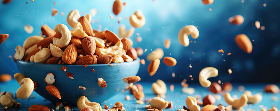 Nut mix almonds and cashews in a bowl flying through the air.