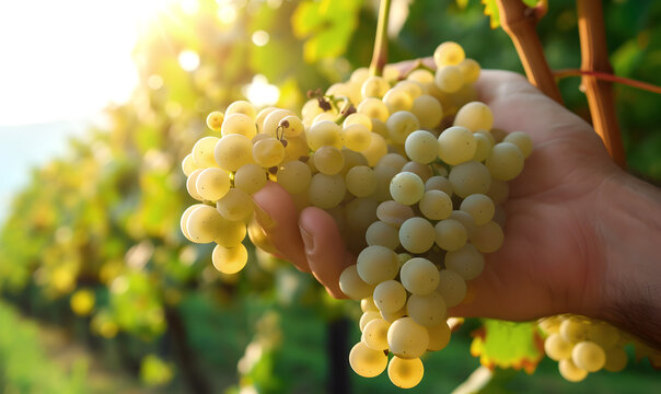 A hand with white grapes. Good grape harvest.