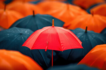 Red Umbrella Stands Out Among Group of Blue Umbrellas