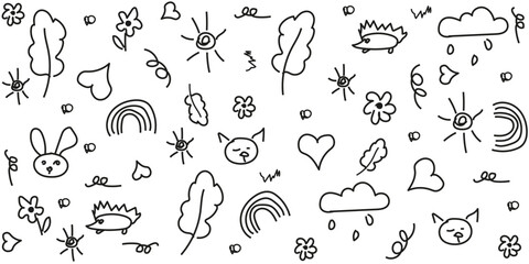 Childish scribble isolated white background. Seamless pattern with hand drawing rainbow tree flower animal. Black and white doodle child element collection. Vector illustration. EPS 10 Editable stroke