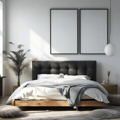Bedroom interior with a frame mockup on the wall.