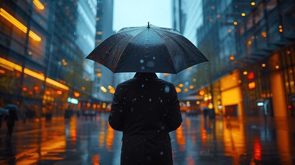 Man with umbrella walking in rain. Generative Ai. 