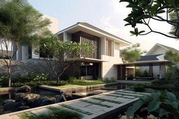 Fototapeta na wymiar House design concept, elegant minimalist house exterior in white with tropical garden