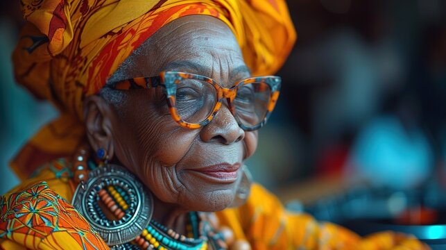 Mid adult woman with traditional african headscarf stay at home and smiling. Generative ai. 