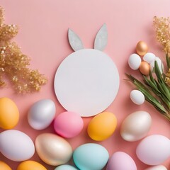 Easter concept. Top view photo of easter bunny ears and paws on white circle white and golden eggs on isolated pastel pink background with blank space,