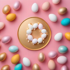 Easter concept. Top view photo of easter bunny ears and paws on white circle white and golden eggs on isolated pastel pink background with blank space,