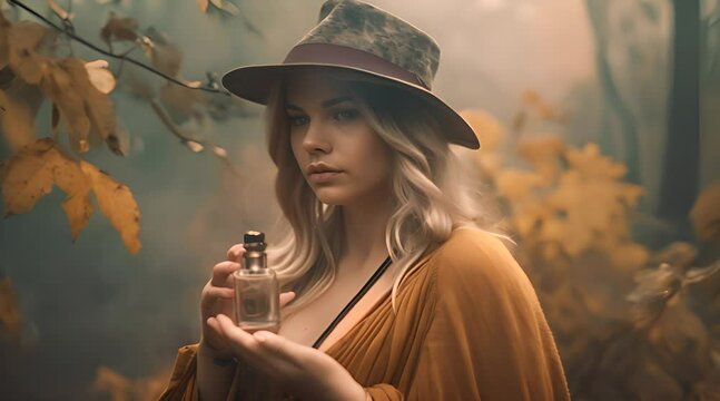 Woman modeling and holding a perfume glass and smelling it in the autumnal forest 