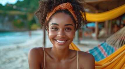 Close up portrait of a beautiful african american woman in a hammock. Generative Ai. 