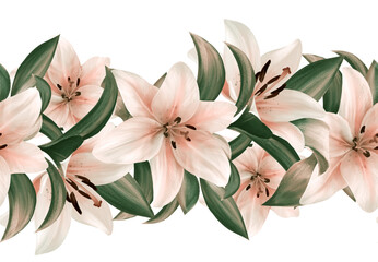 Floral border. White lily flowers seamless pattern