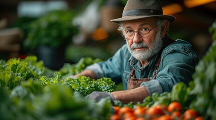 Portrait of a senior farmer in his vegetable garden.  Generative Ai. 
