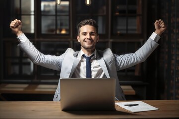 Man at Work: Stretching Arms on Desk Exercise
