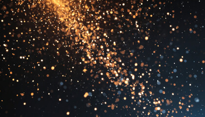 Glowing glitter particles flying background, bokeh lights at night, blurry fire specks orange blue white on black - obrazy, fototapety, plakaty