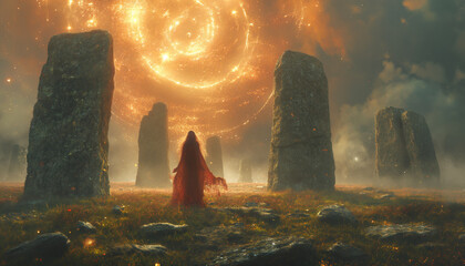 Celtic Woman at Ritual Site with Megaliths, Bathed in Sunlight