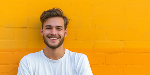 Radiant young man with a pleasant smile, in white tee, against a vibrant yellow wall