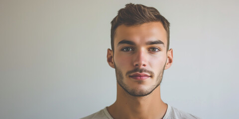 Serene young man with light stubble, grey t-shirt, on a soft neutral background