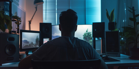 Rear view of a man working on video editing with multiple screens in a dark, cozy room with plants