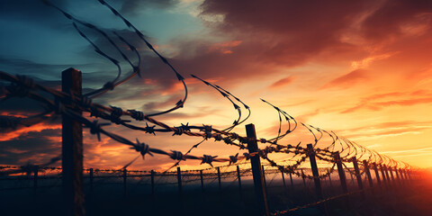 Barbed wire,Broken barbed wire and free flying birds,A sunset with birds flying ,