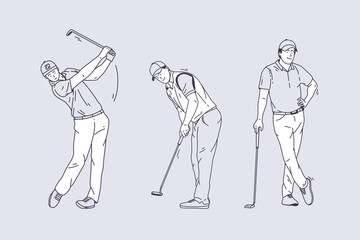 Fototapeta na wymiar Set of outline illustrations of golf players