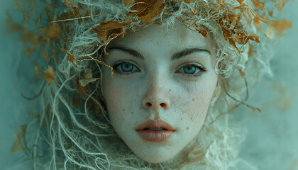 Enchanting Maiden: Girl's Face with Porcelain Skin, Red Freckles, Curly Hair, Adorned with Leaves, in a Milky Palette