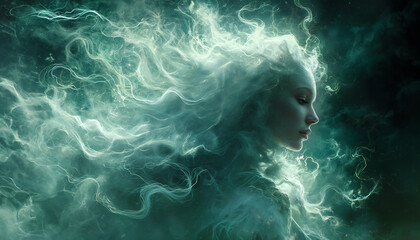 Ethereal Beauty: Woman's Face with Luminous White Hair, Veiled in Misty Threads, Smoky, in Greenish-White Palette