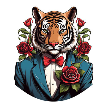 a tiger in a suit with roses