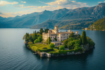 A luxurious castle on an island surrounded by green mountains