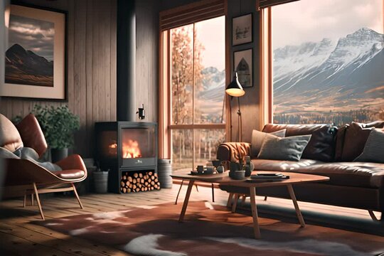 Fire is flickering in the fireplace in a modern wooden cabin house in the mountains, view to the nature