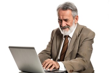 smiling mature male businessman looking at laptop isolated on white background