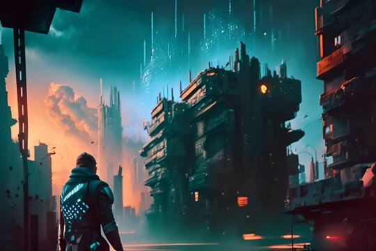 A stranger looking to the cyberpunk metropolis in a dystopian world where everything is destroyed and rebuilt 