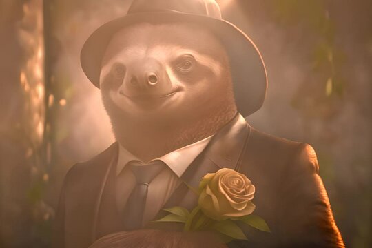 Gentleman anthropomorphic sloth in hat and flower in his suit waiting for the bride in shining light 